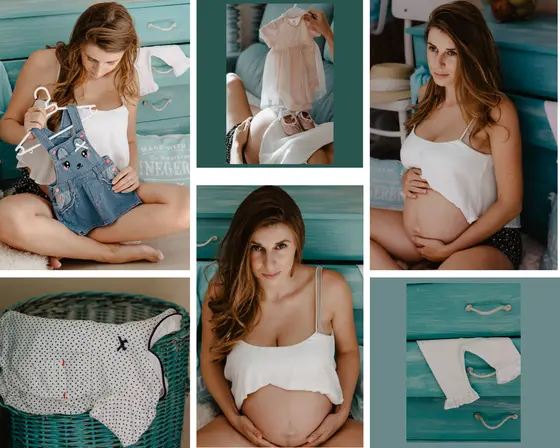 Collage sesión maternidad casera mostrando preparativos llegada bebé