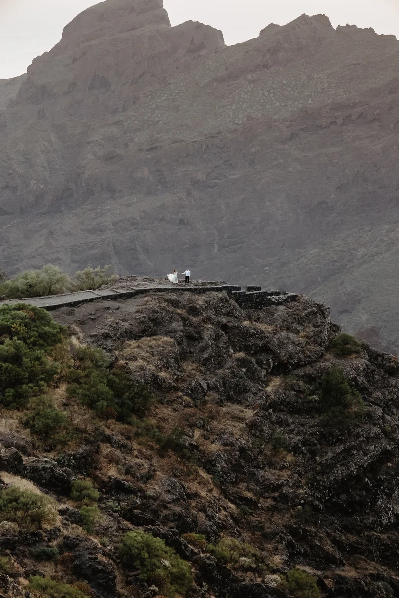 Masca Tenerife wedding couple on viewpoint platform with monumental volcanic canyon walls