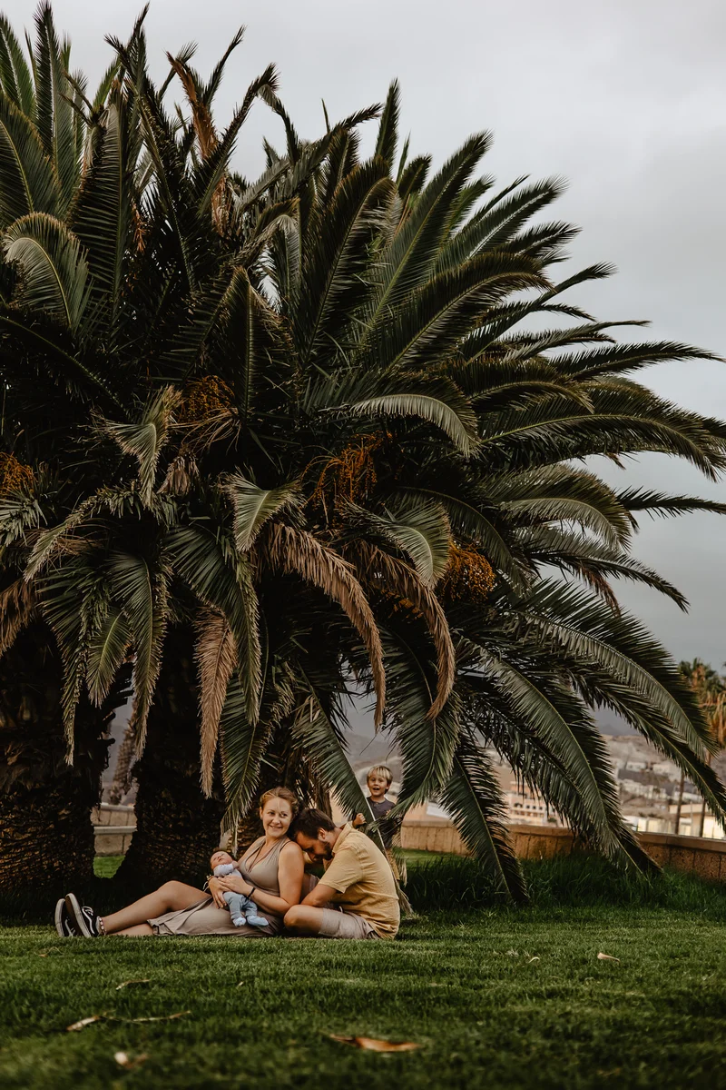 Couple with newborn sitting under large palm tree during outdoor newborn photography session Tenerife